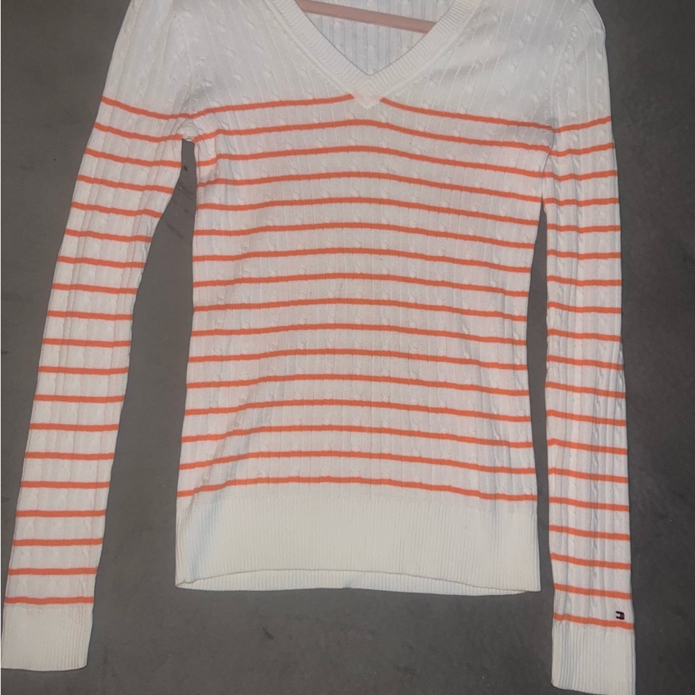 Tommy Hilfiger White V-Neck Sweater with Orange Stripes